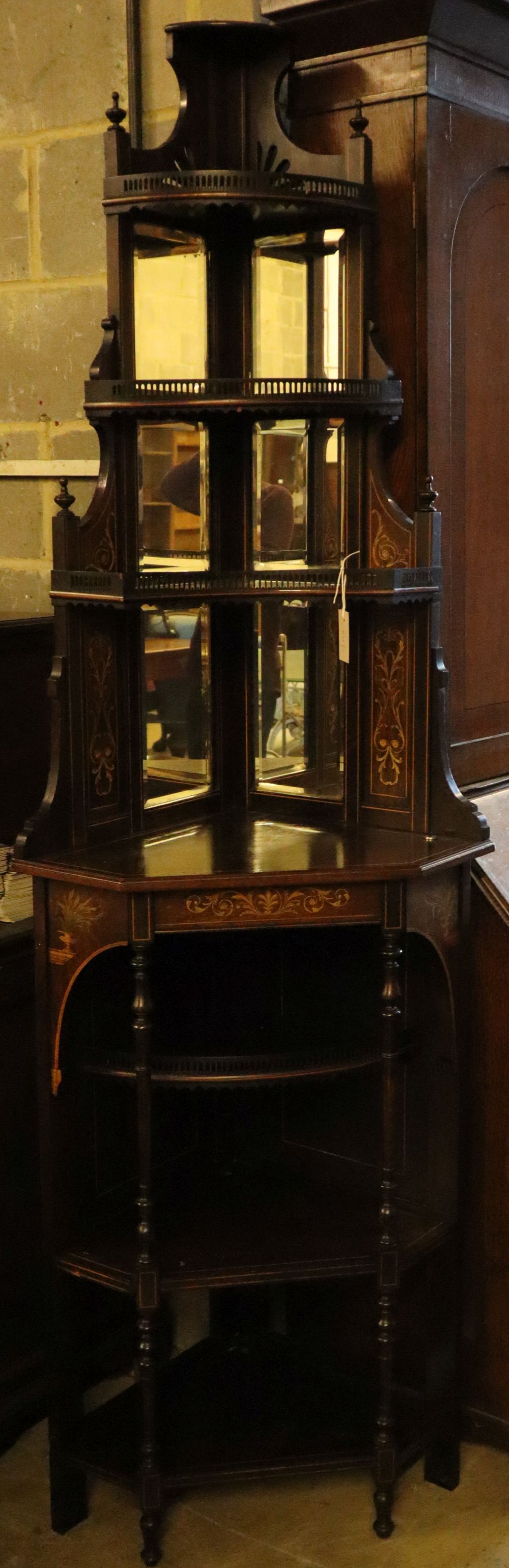 A late Victorian inlaid rosewood mirrored standing corner cabinet, width 66cm, depth 44cm, height 214cm